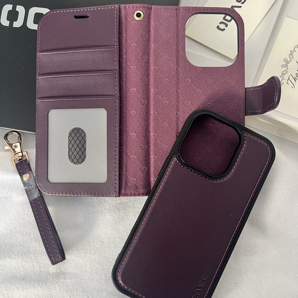 NWT! iPhone 16 Pro Real Leather Case w Detachable Wallet & Card Holder- Purple